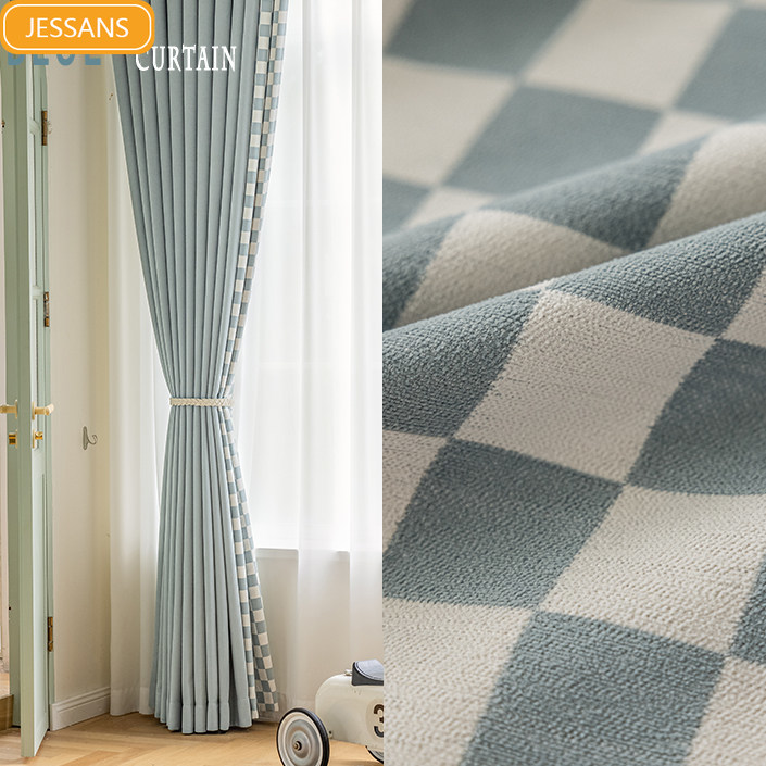 Baby Products Rating - Tirai Chenille Jacquard Kotak-kotak Biru Muda